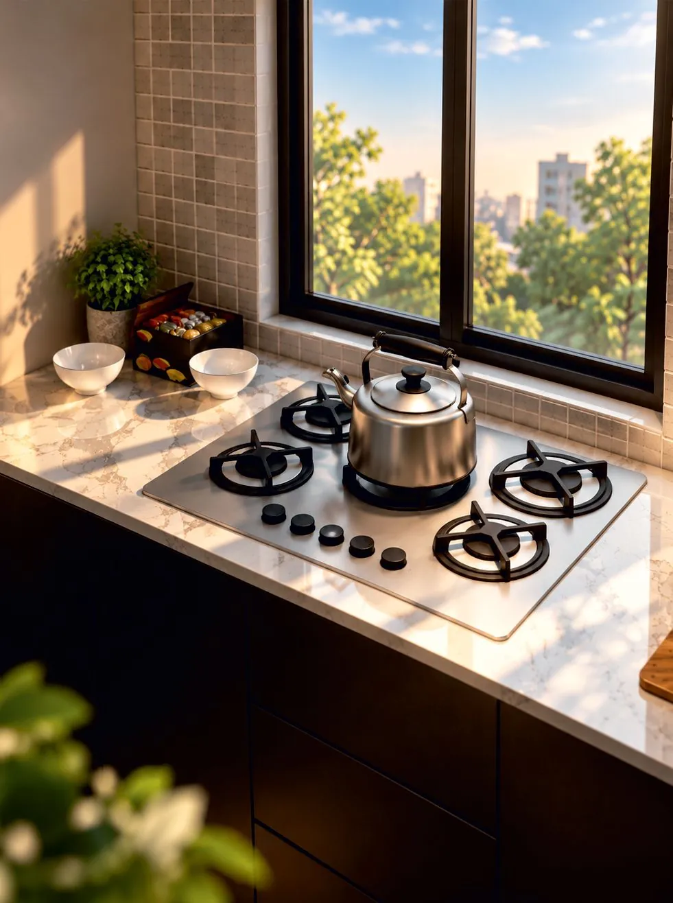 Render of a kitchen counter with a gas hob beside a window