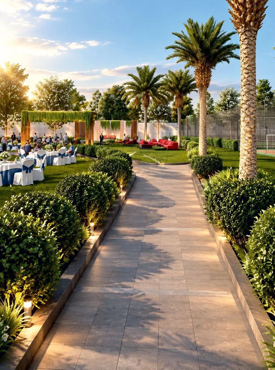 Render of a lit garden path leading to a lawn set up for an event