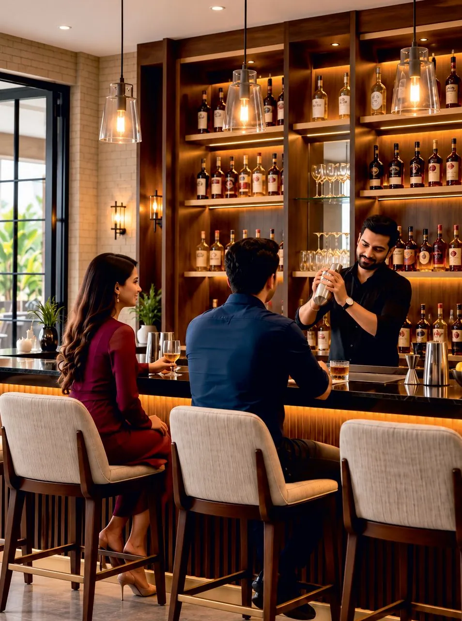 Render of a restaurant and bar counter with backlit shelving