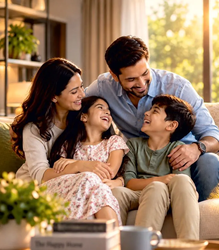 Illustrative image of a family together on a sofa