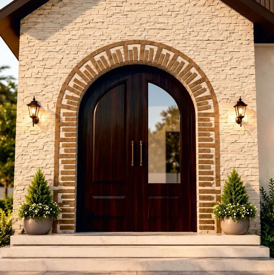 Close-up render of the villa's arched double door framed by a patterned brick surround