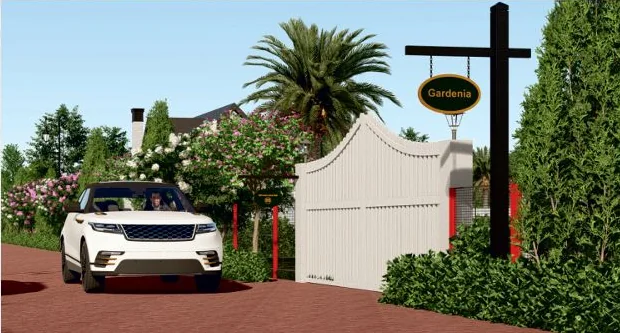 Render of Gardenia Lane: a gated lane with a hanging signboard