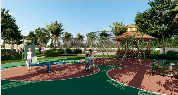 Render of a kids' play area with swings and a gazebo