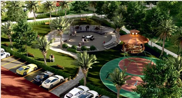 Aerial render of a landscape area with a circular seating court