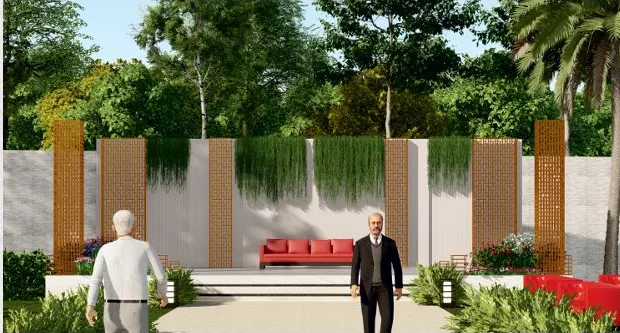 Render of a private lawn area with a feature wall