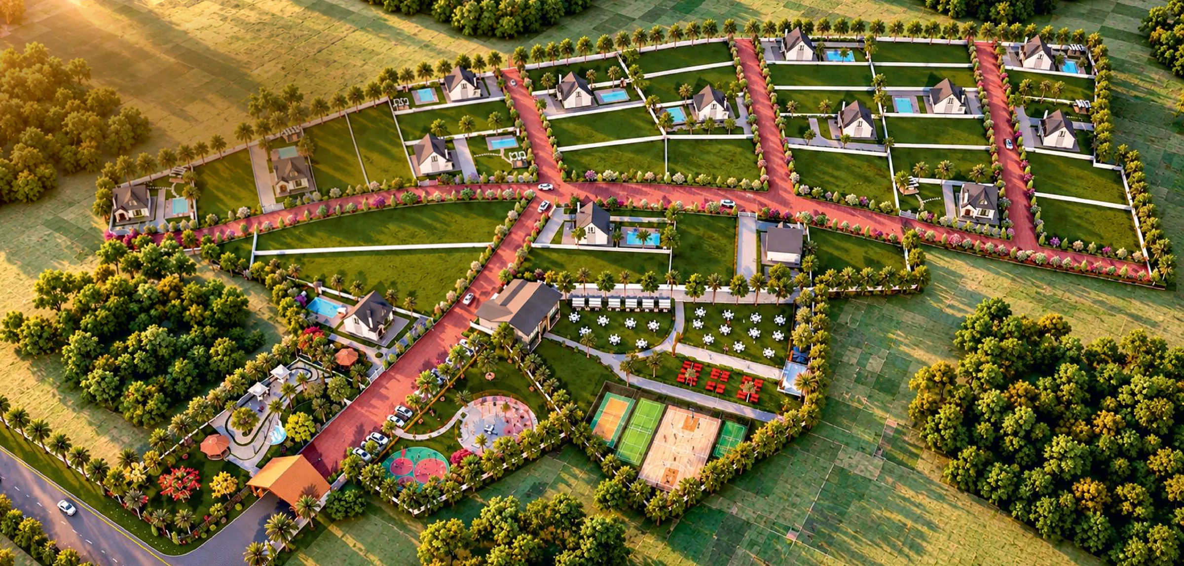 Aerial render of the full plotted township: tree-lined internal roads, walled plots and the amenity zone near the entrance
